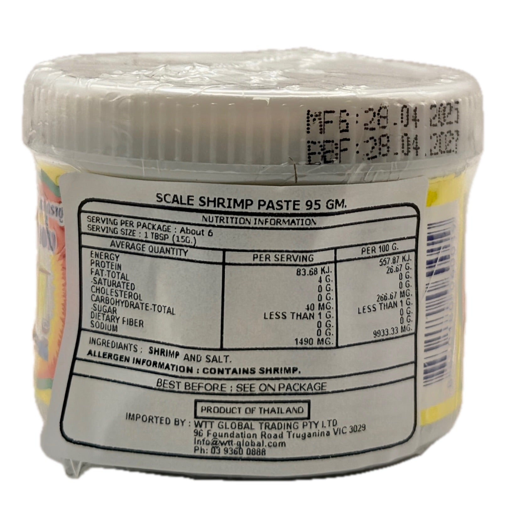 Trachang Shrimp Paste 95g back label showing nutrition information and WTT Global Trading importer details