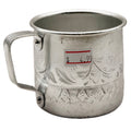 Vintage Thai aluminium cup with engraved floral patterns and a price tag on white background