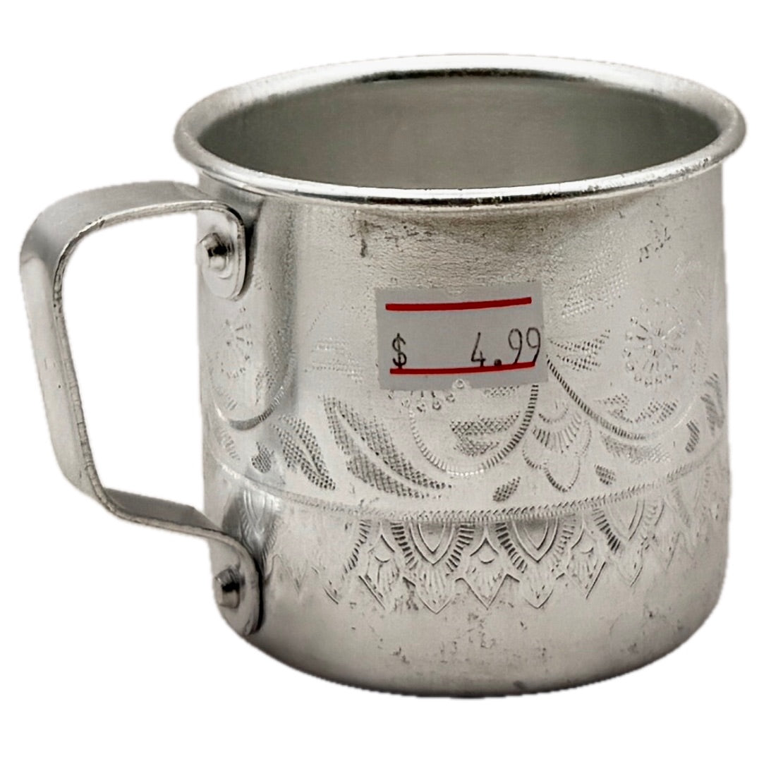 Vintage Thai aluminium cup with engraved floral patterns and a price tag on white background
