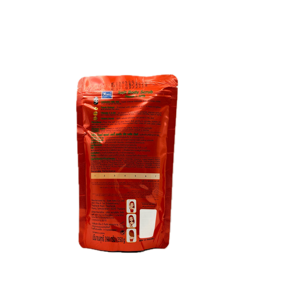 Yoko Gold Salt Body Scrub Peach Milk 350g back label with full ingredient and measurable performance chart