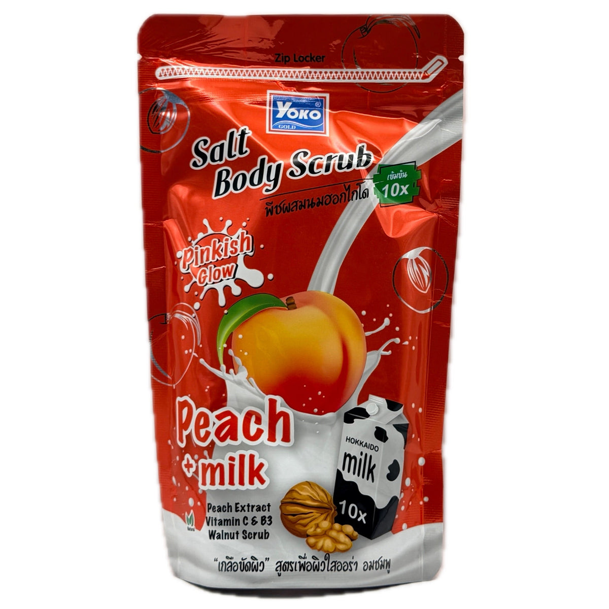 Yoko Gold Salt Body Scrub Peach Milk 350g red ziplock pouch front view