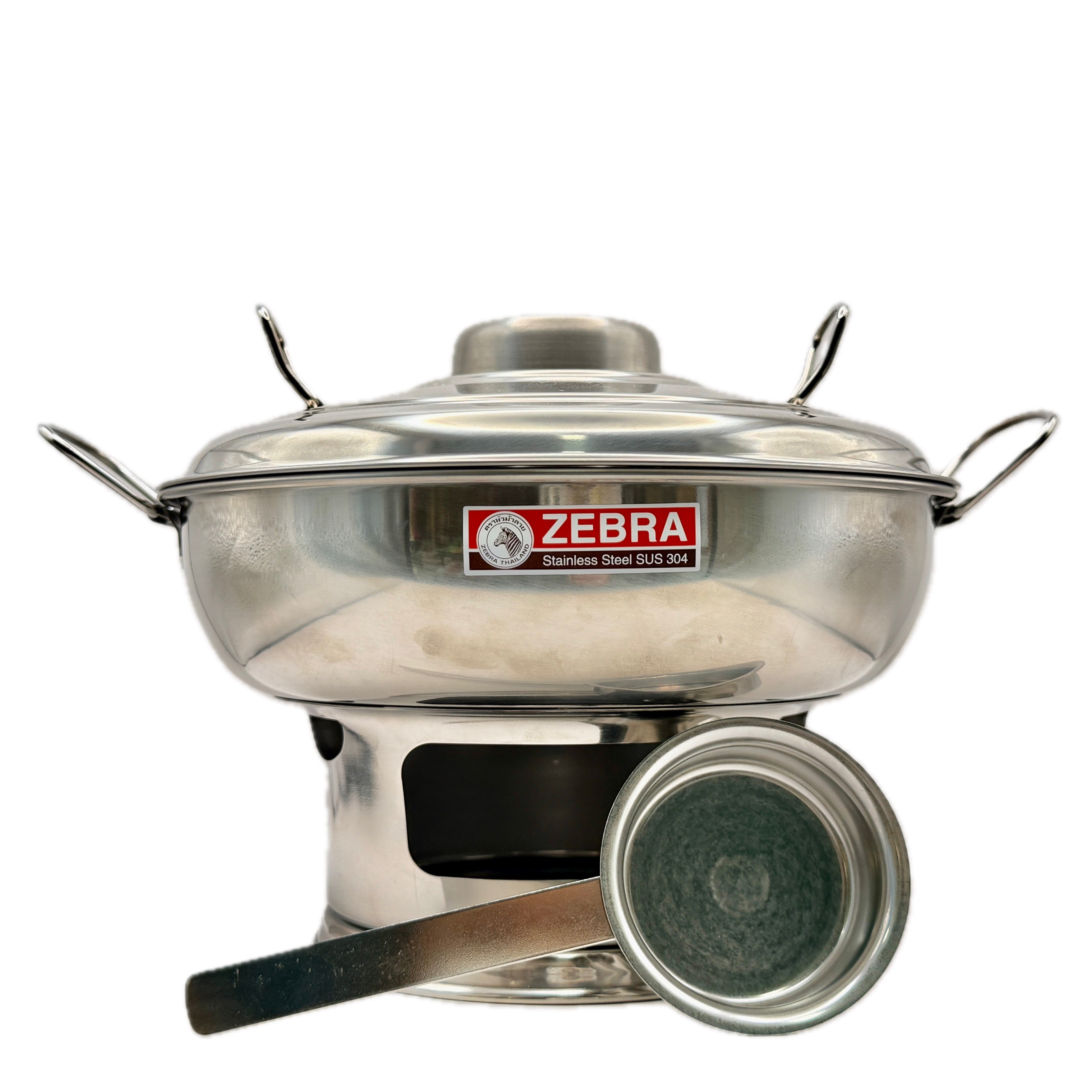 Zebra Mongolian Hot Pot 20cm stainless steel SUS304 with alcohol burner and ladle front view