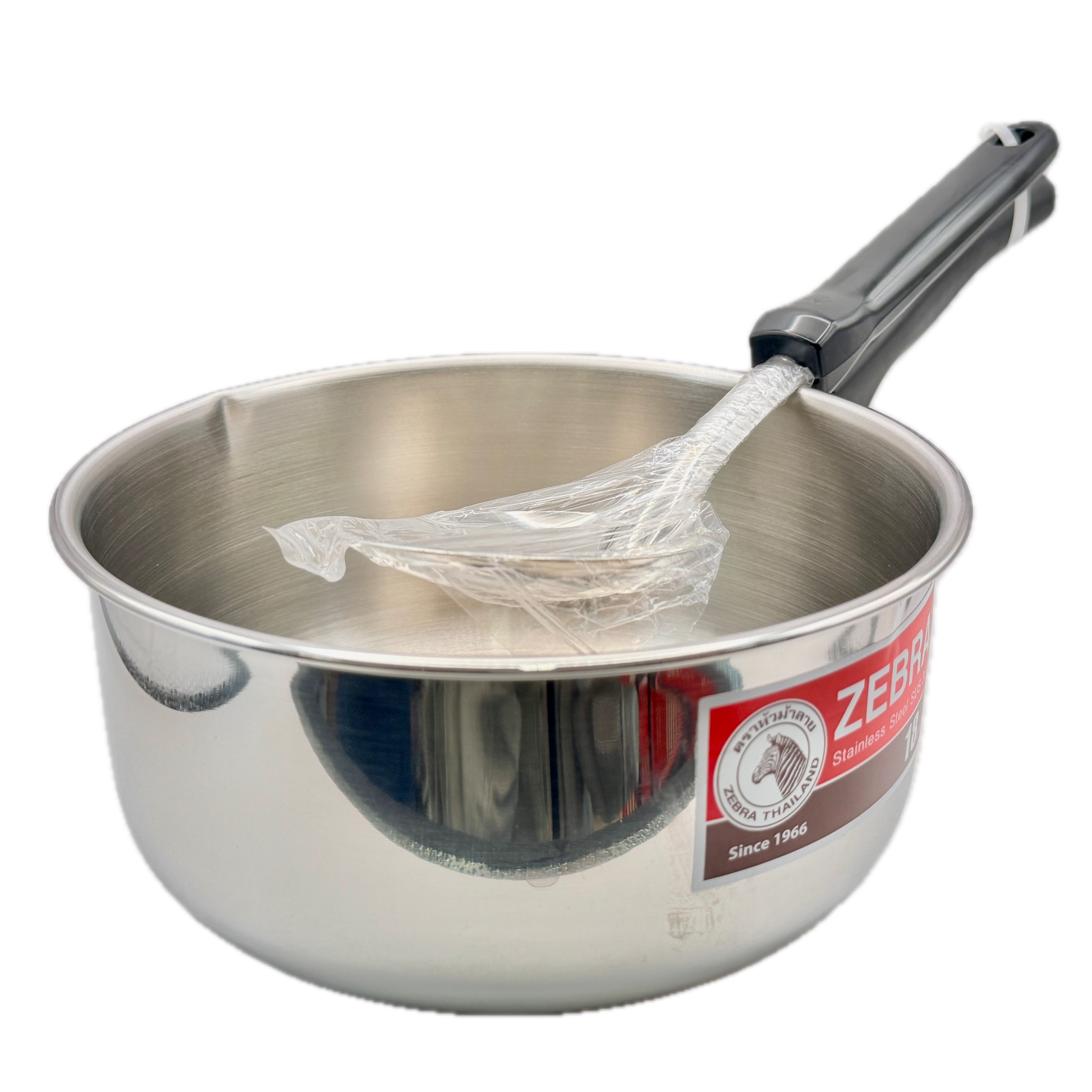 Zebra Thailand brand stainless steel saucepan with black handle on white background